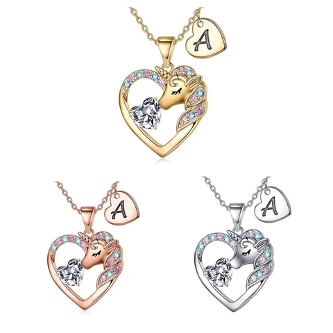 Collana in Rame con Zirconi Cuore Unicorno Ciondolo Lettera Iniziale per Donna Bambini Oro Argento Oro Rosa Gioielli di Moda Regalo