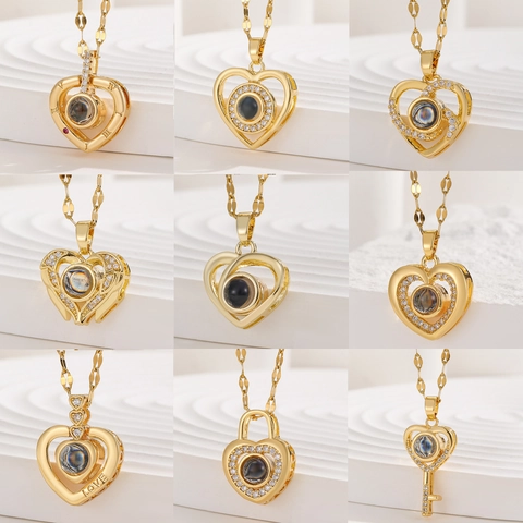 100 Languages I Love You Projection Heart Necklace For Women Gold Plated Copper Zirconia Heart Lock Key Pendant Necklace Valentine's Day Jewelry Gift