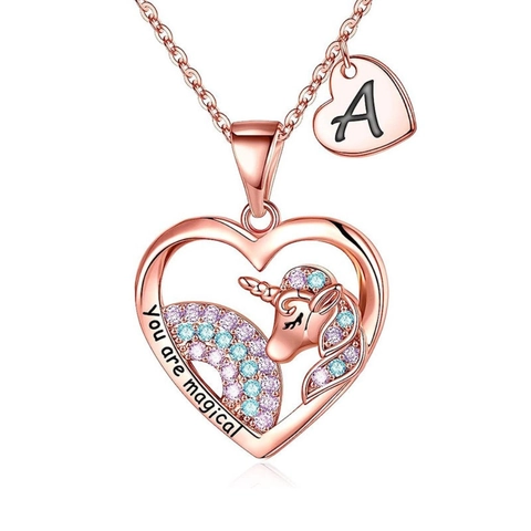 Rose Gold Unicorn Heart Pendant Necklace With Rainbow Zirconia You Are Magical Engraved Initial Alphabet Letter Jewelry Gift For Girls Women