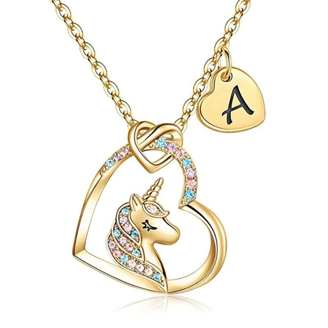 Kupfer Bunter Zirkonia Einhorn Herz Halskette Mit Anfangsbuchstabe Anhänger Personalisiert Süß Schmuck Geschenk Für Kinder Mädchen