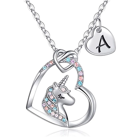 Kupfer Bunter Zirkonia Einhorn Herz Halskette Mit Anfangsbuchstabe Anhänger Personalisiert Süß Schmuck Geschenk Für Kinder Mädchen