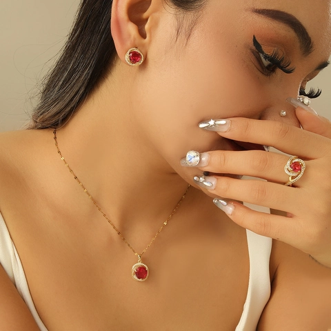 Women Vintage Round Halo Jewelry Set Zirconia Glass Pendant Necklace Stud Earrings Ring Copper Plated For Wedding Party