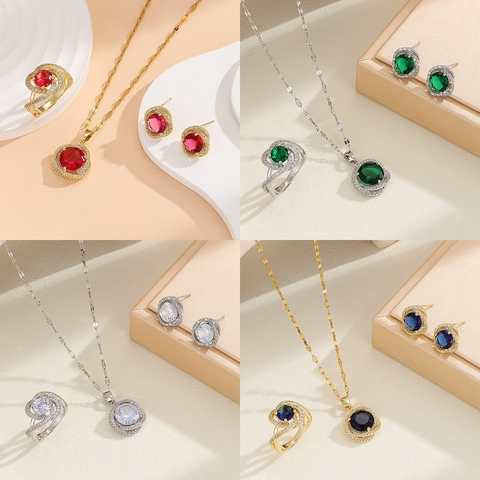 Women Vintage Round Halo Jewelry Set Zirconia Glass Pendant Necklace Stud Earrings Ring Copper Plated For Wedding Party