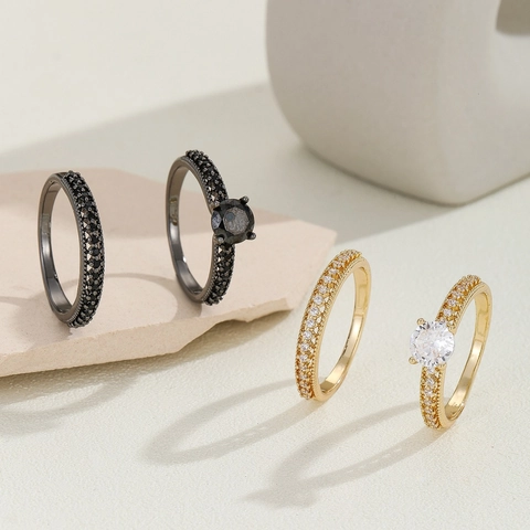 Luxury Copper Zirconia Ring Set For Women Men Minimalist Gold Black Hollow Micro Inlay Finger Ring Couple Jewelry Wedding Dating Gift