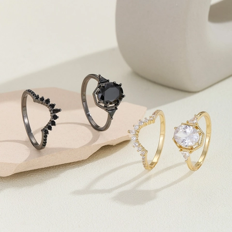 Luxe Koperen Zirkonia Kroonring Voor Vrouwen Eenvoudig Goud Zwart Ovaal Kristal Sieraden Hoofdring En Bijpassende Band