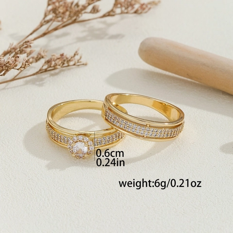 Luxe Koperen Zirkonia Stellenringenset Ronde Hoofdsteen Micro Pavé Band Voor Bruiloft Verloving Feest Sieraden