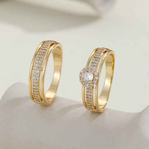 Luxe Koperen Zirkonia Stellenringenset Ronde Hoofdsteen Micro Pavé Band Voor Bruiloft Verloving Feest Sieraden