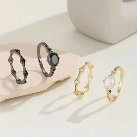 Vintage Luxury Copper Zirconia Oval Stone Ring And Wavy Band For Women Retro Wedding Engagement Valentine Day Jewelry Gift