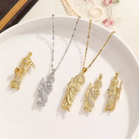 Fashion Copper Gold Plated Zirconia Saint Jude Santa Muerte Religious Pendant Necklace Hip Hop Street Jewelry For Men Women