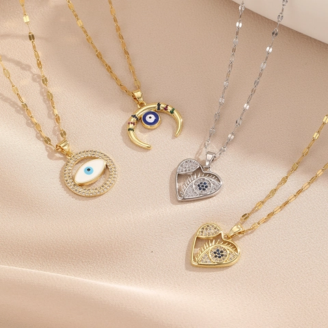 Collana con Pendente Malocchio in Rame e Zircone per Uomo Donna Placcato Oro Argento Cuore Mezzaluna Gioielli di Moda Regalo