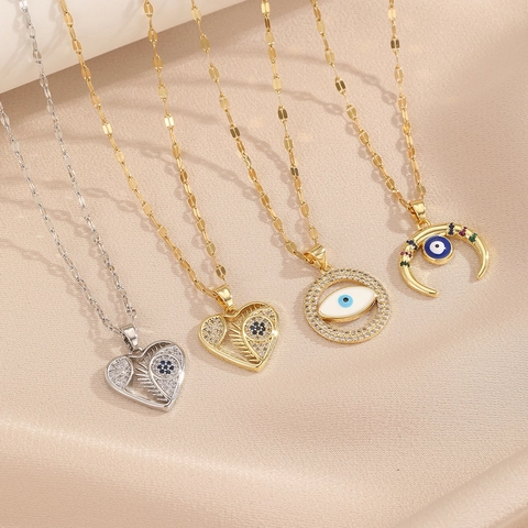 Collana con Pendente Malocchio in Rame e Zircone per Uomo Donna Placcato Oro Argento Cuore Mezzaluna Gioielli di Moda Regalo