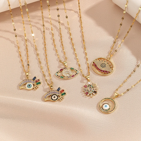 Bohemian Evil Eye Pendant Necklace Gold Plated Copper Colorful Zirconia Inlaid Ethnic Style Jewelry For Women Daily Wear