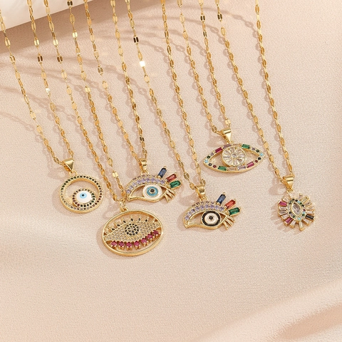 Bohemian Evil Eye Pendant Necklace Gold Plated Copper Colorful Zirconia Inlaid Ethnic Style Jewelry For Women Daily Wear