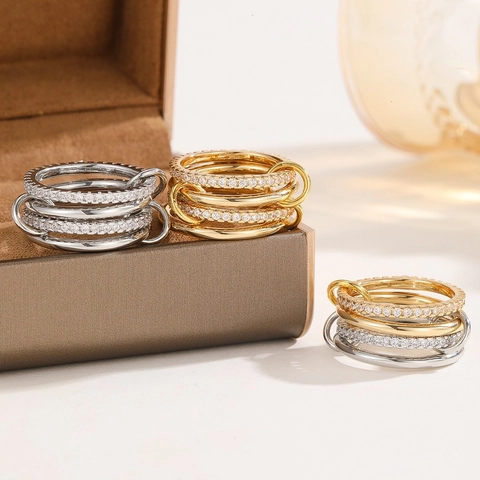 Fashion Multi-layer Interlocking Zirconia Ring Copper Gold Silver Plated Stackable Geometric Circle Jewelry For Women Party