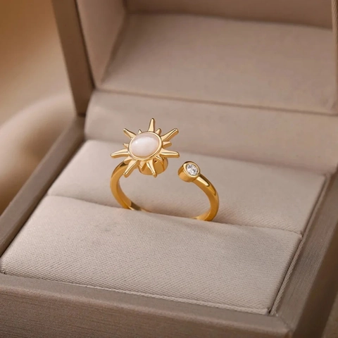 Adjustable Copper Sunflower Anxiety Ring For Women Rotatable Zirconia Sun Star Moon Open Finger Ring Decompression Jewelry