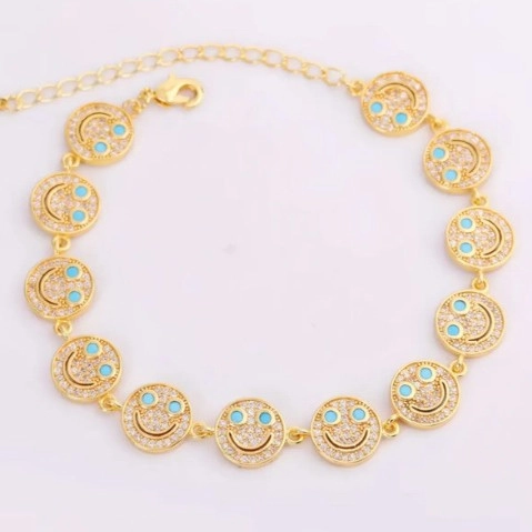 Vintage Copper Smiley Face Bracelet For Women Gold Silver Plated Zirconia Inlaid Adjustable Link Chain Fashion Jewelry