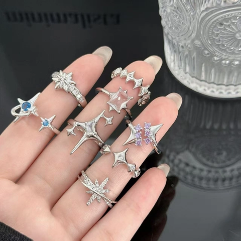 Verstellbarer Kupfer Ring Zirkon Stern Planet Herz Minimalistisch Y2K Punk Schmuck Für Damen Versilbert Fingerring Geschenk