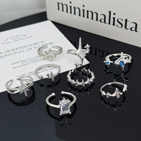 Verstellbarer Kupfer Ring Zirkon Stern Planet Herz Minimalistisch Y2K Punk Schmuck Für Damen Versilbert Fingerring Geschenk