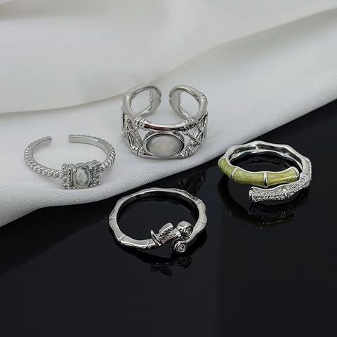 Eleganter Bambus Stil Offener Verstellbarer Ring Mit Zirkonia Synthetischem Mondstein Silber Farbe Kupfer Fingerring Für Damen Schmuck