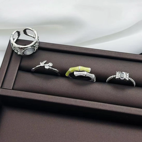 Eleganter Bambus Stil Offener Verstellbarer Ring Mit Zirkonia Synthetischem Mondstein Silber Farbe Kupfer Fingerring Für Damen Schmuck