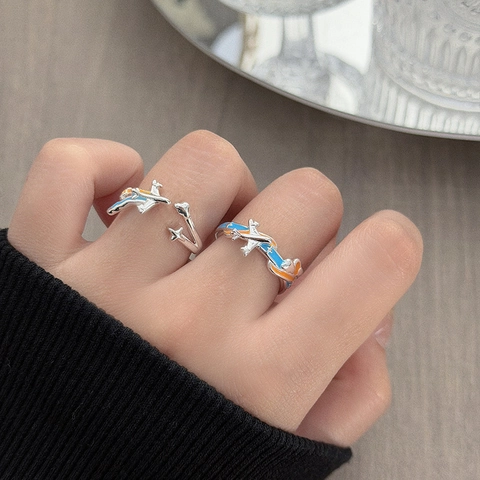 Flugzeug Stern Offener Ring Emaille Tropfen Blau Orange Kontrast Kupfer Minimalistischer Stil Einstellbarer Mode Schmuck Ring Damen