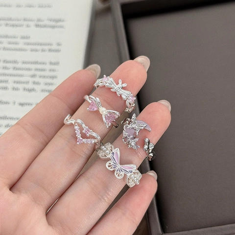 Elegant Copper Zirconia Butterfly Heart Moon Open Ring Adjustable Fashion Jewelry For Women Personal Daily Decorative Ring Gift