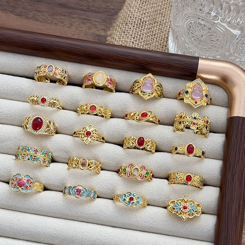 Retro Chinesischer Stil Emaille Kalebasse Offener Ring Für Damen Kupfer Zirkonia Eingelegt Glückverheißende Wolke Verstellbarer Fingerring Schmuck Geschenk