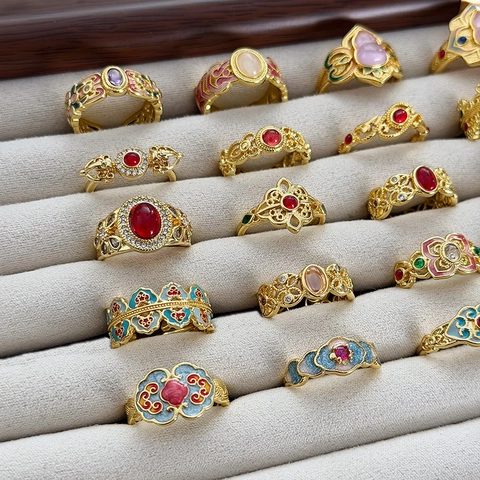 Retro Chinesischer Stil Emaille Kalebasse Offener Ring Für Damen Kupfer Zirkonia Eingelegt Glückverheißende Wolke Verstellbarer Fingerring Schmuck Geschenk