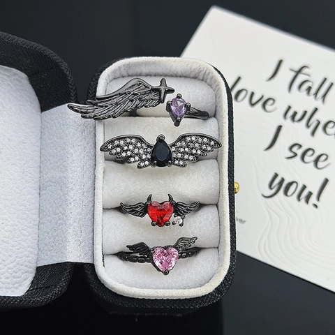 Gothic Dark Style Black Wing Heart Zircon Open Ring Copper Adjustable Angel Devil Wing Ring For Women Jewelry Gift