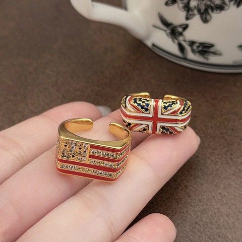 Vintage Emaille Union Jack Stars And Stripes Zirkoon Open Ring Voor Vrouwen Gepersonaliseerde Vergulde Verstelbare Ring