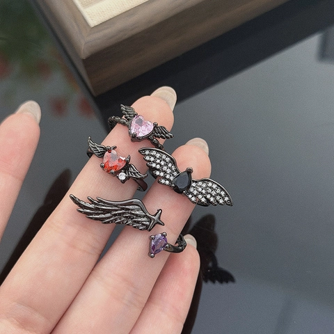 Gothic Dark Style Black Wing Heart Zircon Open Ring Copper Adjustable Angel Devil Wing Ring For Women Jewelry Gift