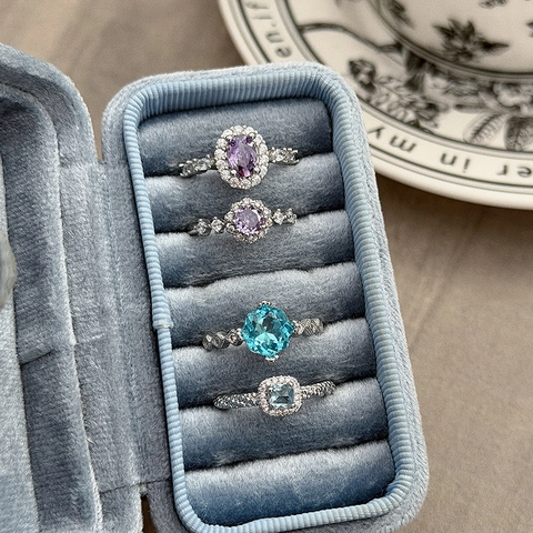 Vintage Sweet Cool Adjustable Copper Ring With Zirconia Purple Blue Sugar Cube Gemstone Halo Open Finger Ring For Women