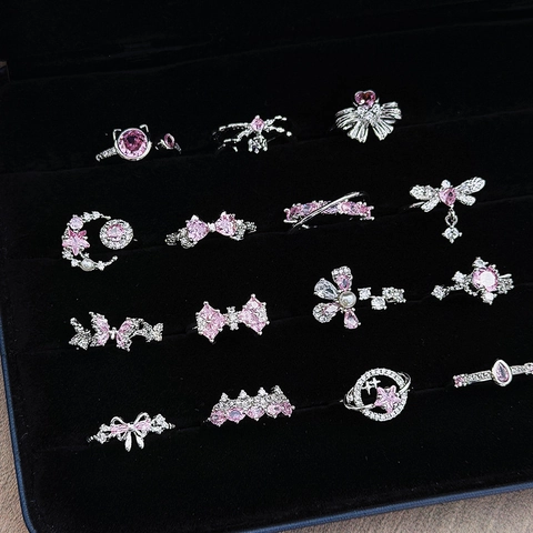 Süßer Feenstil Kupfer Verstellbarer Offener Ring Für Damen Rosa Weiß Zirkonia Eingelegte Schleife Stern Krone Modeschmuck Ring Geschenk