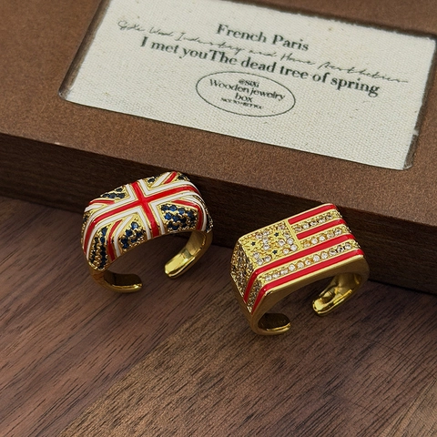 Vintage Emaille Union Jack Stars And Stripes Zirkoon Open Ring Voor Vrouwen Gepersonaliseerde Vergulde Verstelbare Ring