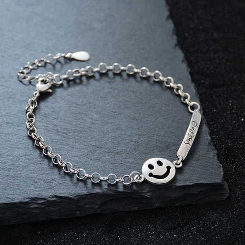 Minimalist Silver Plated Copper Smiley Face Bracelet For Women Engraved Smile Bar Hollow Charm Adjustable Chain Jewelry Gift