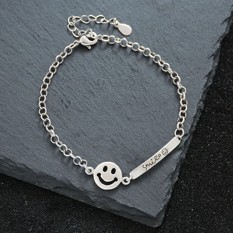 Minimalist Silver Plated Copper Smiley Face Bracelet For Women Engraved Smile Bar Hollow Charm Adjustable Chain Jewelry Gift