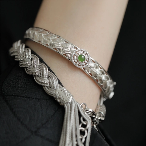 Vintage Gewebtes Kupfer Armband Mit Grünem Stein Retro Chinesischer Stil Silber Gold Überzogen Luxus Spitze Damen Schmuck