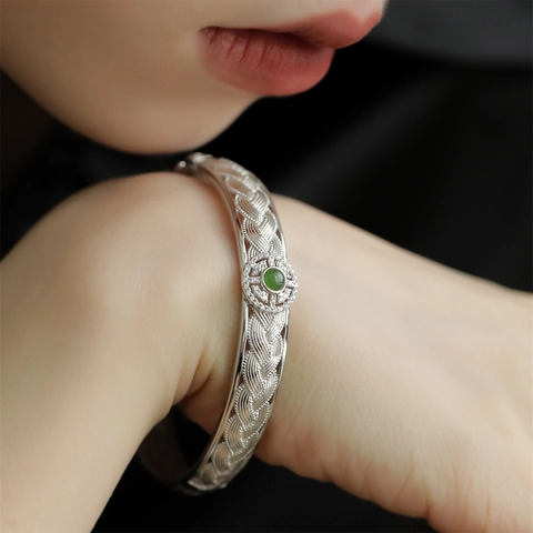 Vintage Gewebtes Kupfer Armband Mit Grünem Stein Retro Chinesischer Stil Silber Gold Überzogen Luxus Spitze Damen Schmuck