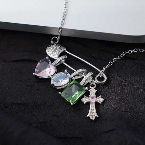 Vintage Silver Plated Copper Safety Pin Pendant Necklace For Women Colorful Zirconia Heart Cross Charms Choker Jewelry