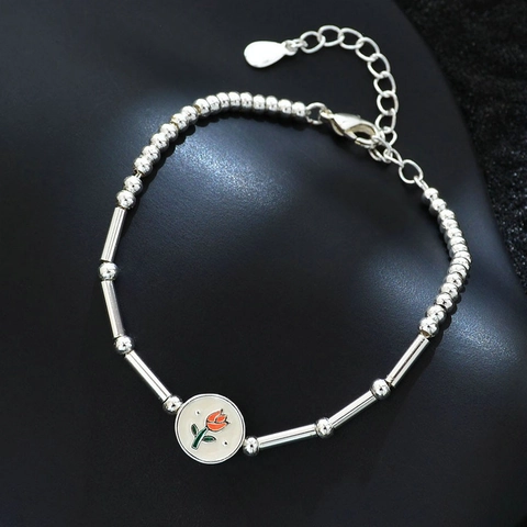 Bracelet de Perles Fleur de Tulipe en Cuivre Plaqué Argent pour Femmes Doux Pendentif en Émail Réglable Cadeau Bijoux