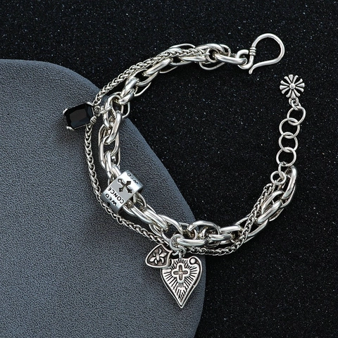 Vintage Gotik Mehrlagiges Kupfer Armband Für Damen Retro Versilbertes Kreuz Herz Schwarzer Zirkon Anhänger Hip Hop Schmuck