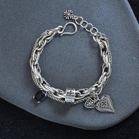 Vintage Gotik Mehrlagiges Kupfer Armband Für Damen Retro Versilbertes Kreuz Herz Schwarzer Zirkon Anhänger Hip Hop Schmuck