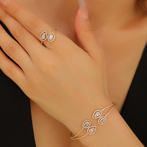 Fashion Copper Cubic Zirconia Jewelry Set Pear Oval Open Adjustable Ring Bangle Bracelet For Women Wedding Party Luxury Jewelry