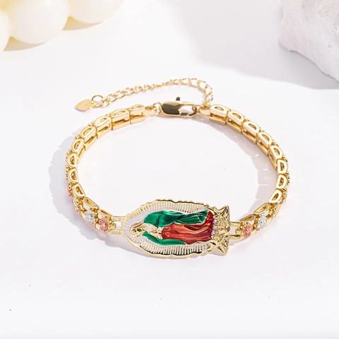 Religious Our Lady Of Guadalupe Enamel Copper Bracelet For Women Vintage Gold Silver Plated Floral Chain Bracelet Jewelry