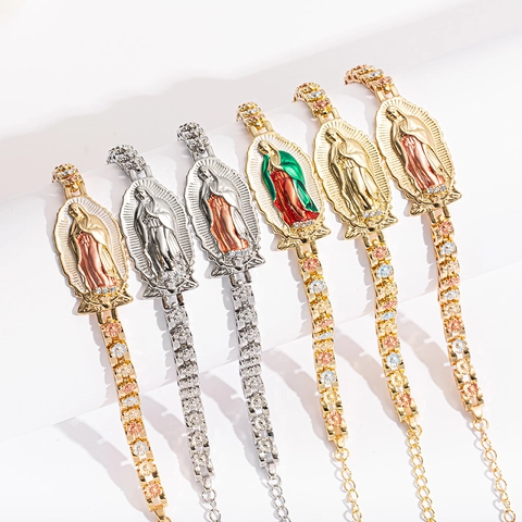 Religious Our Lady Of Guadalupe Enamel Copper Bracelet For Women Vintage Gold Silver Plated Floral Chain Bracelet Jewelry