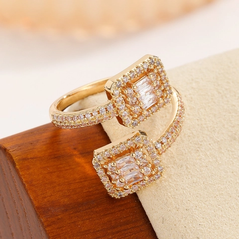 Luxury Copper Zircon Adjustable Open Bangle And Ring For Women Minimalist Geometric Square Fashion Jewelry Accessory Gift