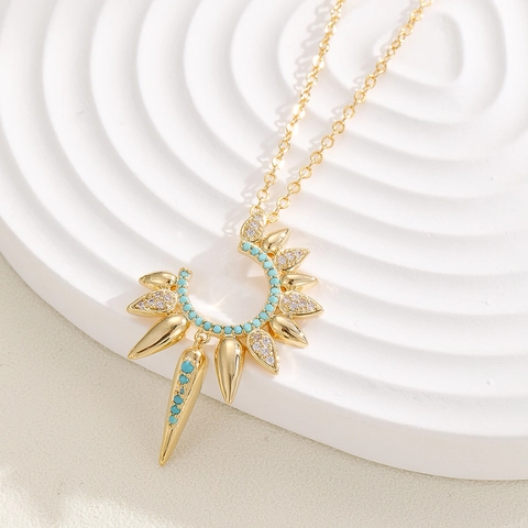 Bohemian Sun Moon Tarot Pendant Necklace Gold Silver Plated Copper Turquoise Zirconia Inlaid Punk Style Jewelry Women