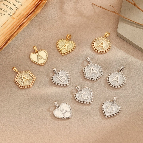 Vintage Copper Initial Letter Pendant Charms Gold Silver Plated Geometric Round Heart Hexagon DIY Jewelry Making Accessories