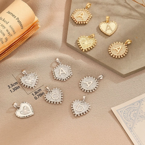 Vintage Copper Initial Letter Pendant Charms Gold Silver Plated Geometric Round Heart Hexagon DIY Jewelry Making Accessories