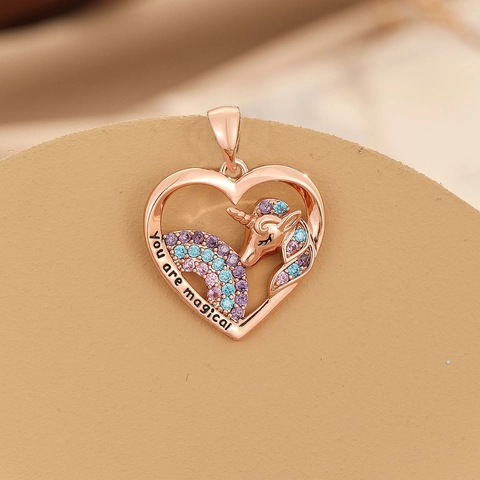 Copper Heart Unicorn Pendant Necklace With Cubic Zirconia You Are Magical Engraved Fantasy Jewelry Gift For Women Girls